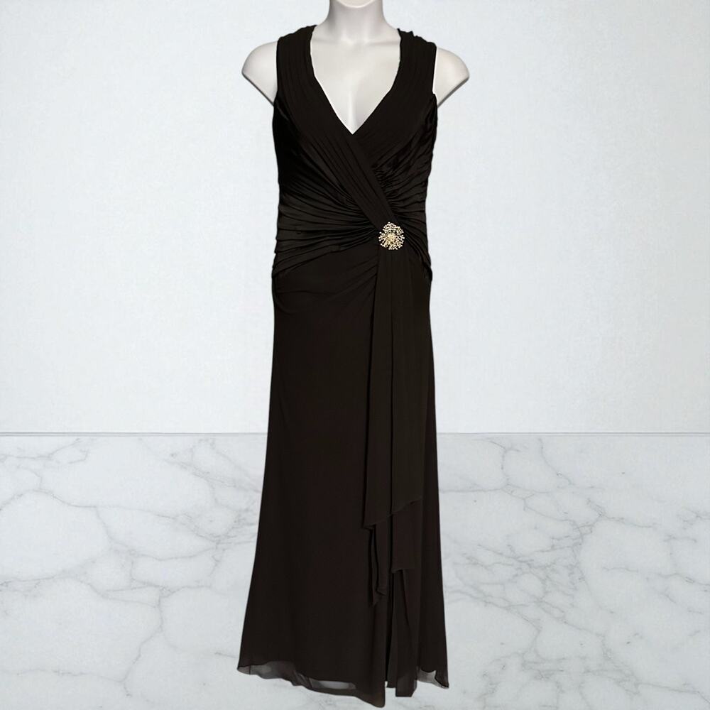 Vintage Y2K Tadashi Silk Evening Gown 12 Rhinestone Brooch V Neck Ruched Dress